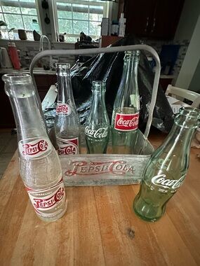 Vintage Coca-Cola & Pepsi Cola Glass Bottle Set with metal Pepsi carrier
